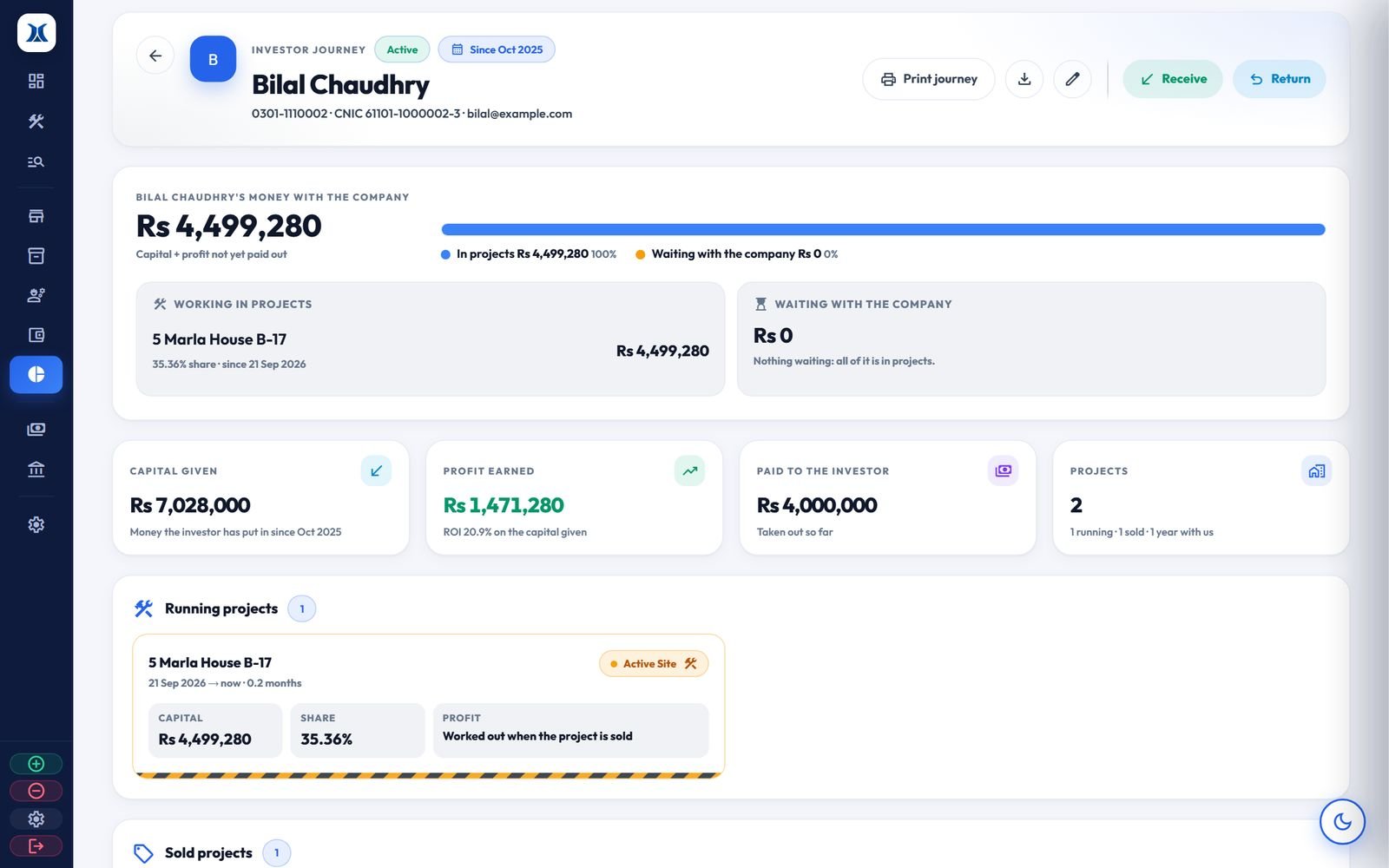 Investor page with capital, profit and payouts